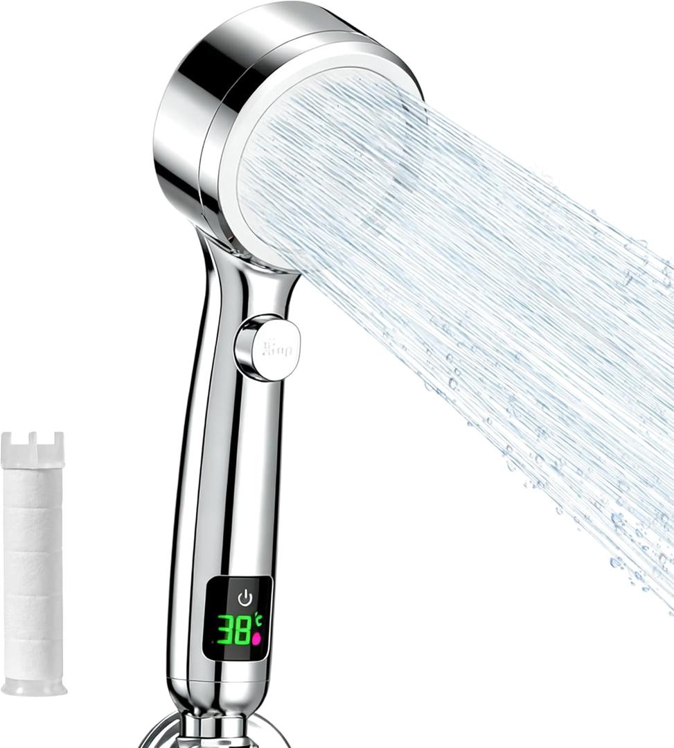 Filter Shower Head, Shower Head with Temperature Display and Filter, High Pressure Water Flow and Multiple Spray Modes (Silver)