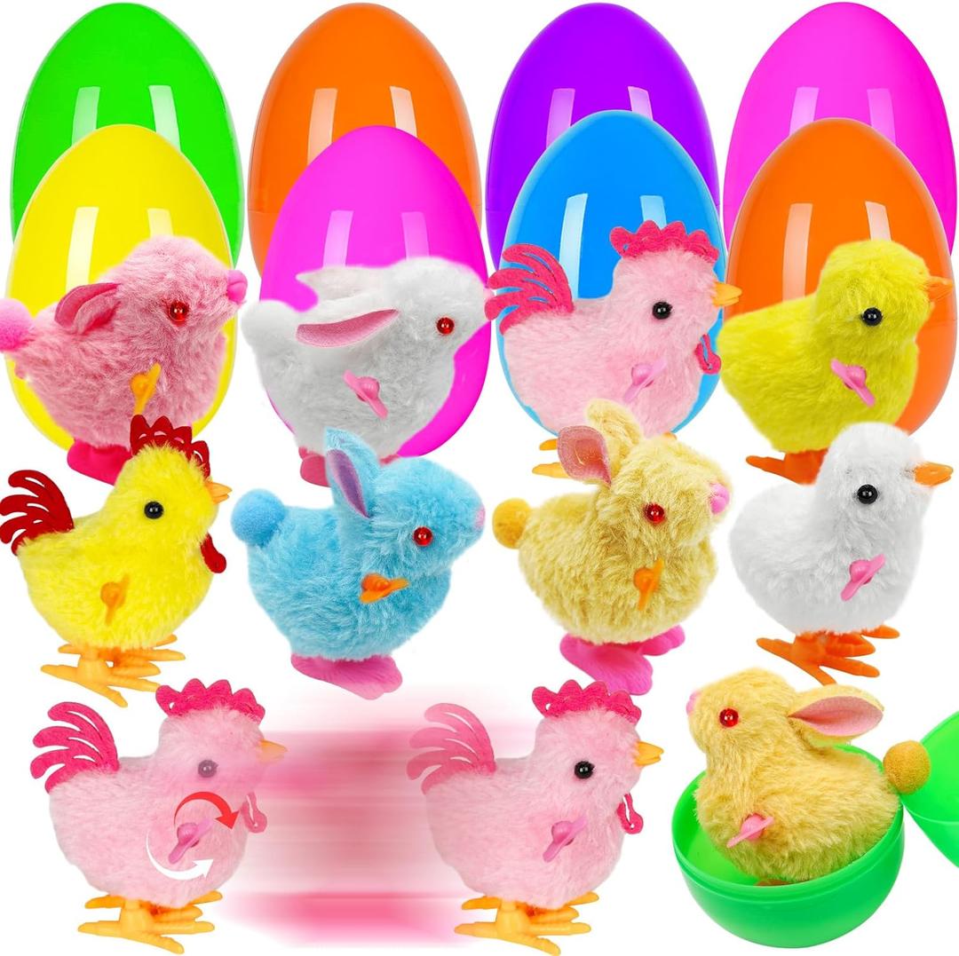 Jumbo 4" Easter Eggs Filled with Wind-up Toys , 8 Pack Colorful Easter Egg Wind Up Jumping Bunnies and Chicks Hunt Filling Treats Easter Basket Stuffers Easter Party Favors for Kids Boys Girls