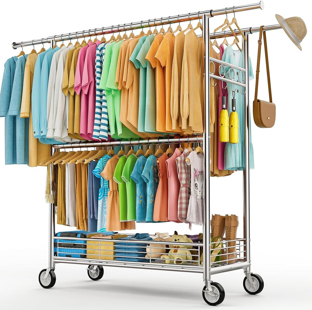 Heavy Duty Clothes Rack Load 960LBS, Three Rods Rolling Clothing Racks for Hanging Clothes, Rolling Garment Rack With Sturdy Wheels Shelves Hooks, Portable & Adjustable Commercial Garment Rack, Silver