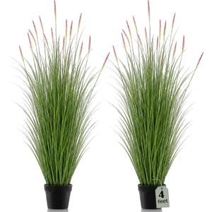 Jexine 2 Pieces 4 ft Tall Artificial Grass Plants Fake Horsetail Reed Grass Plant with Purple Spikes Potted Faux Greenery Floor Plants for Housewarming Gift House Garden Lobby Outdoor