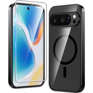 FNTCASE for Google Pixel-10-Pro XL Case: Clear Pixel 9 Pro XL Phone Cases Magnetic with Screen Protector Transparent Slim Cell Cover Anti Yellowing Rugged Shockproof Protective (Black)