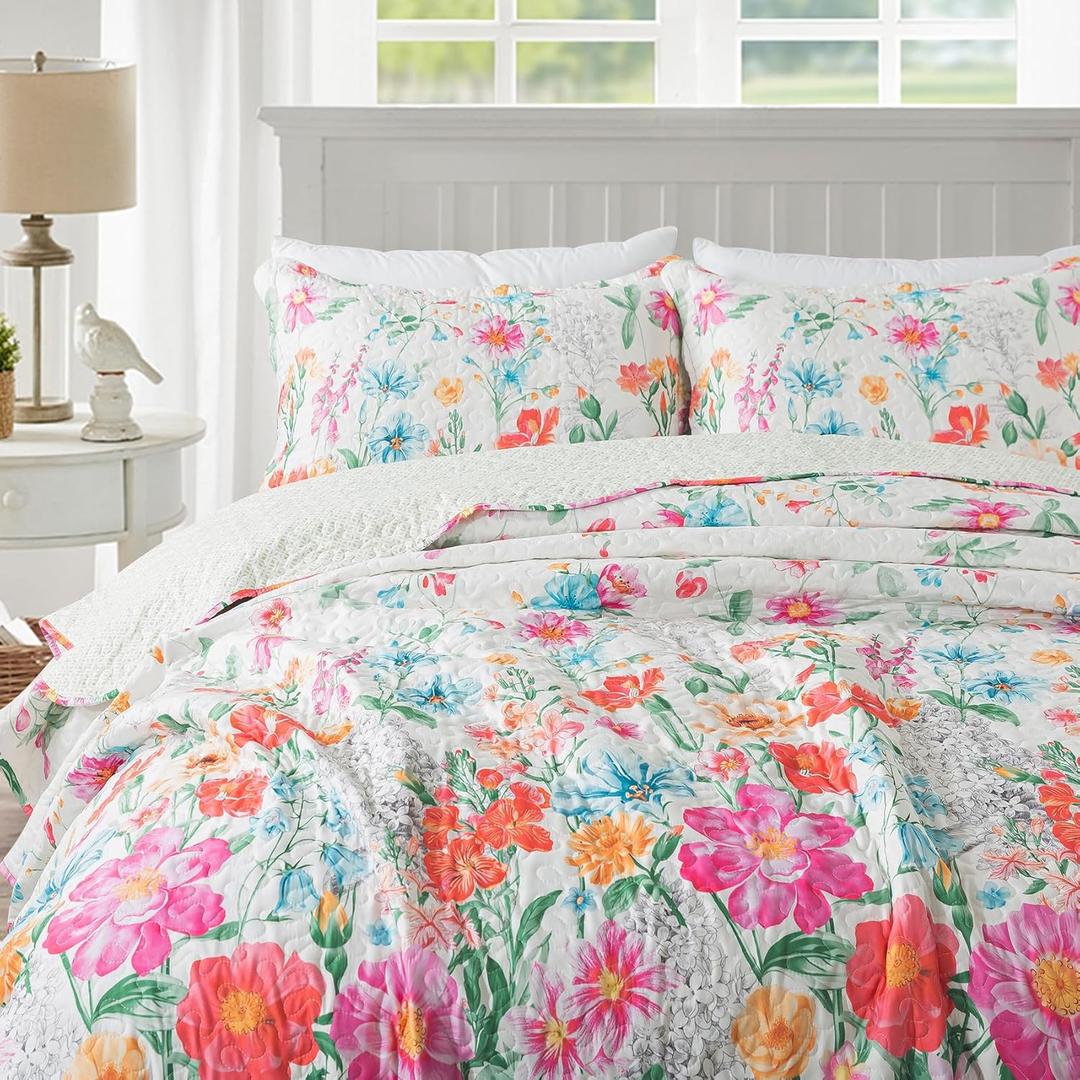 Travan Floral Quilt Queen Quilt, Ultra Soft Reversible Queen Quilt Bedding Set with 2 Shams 20×26" Red Flower Quilt for All Season, Coreopsis-Red, Queen
