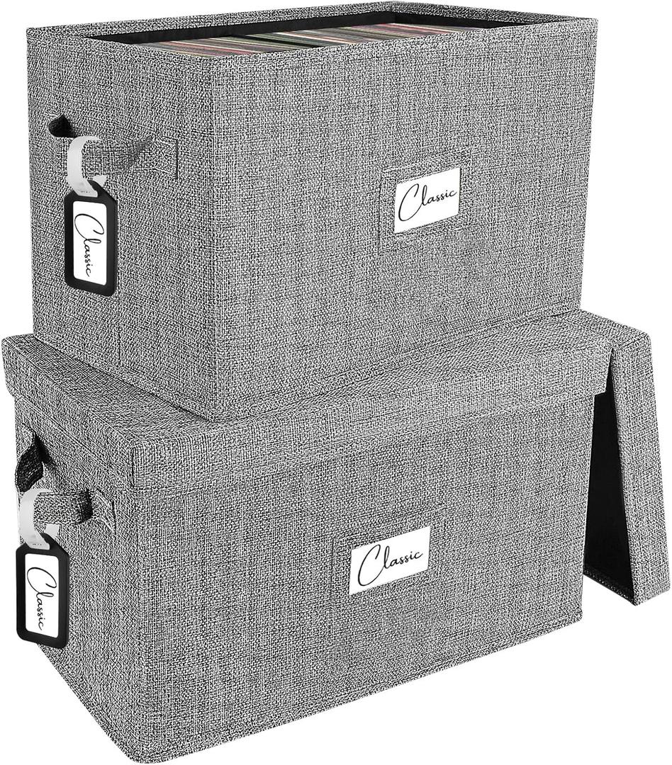 Vinyl Record Storage Box Set of 2 - for 7"/45 RPM LPs, Grey Case with Lid Holds up to 160 Albums, CD Crate Play Music Holder, File Folder Cabinet Organizer Case with Handle