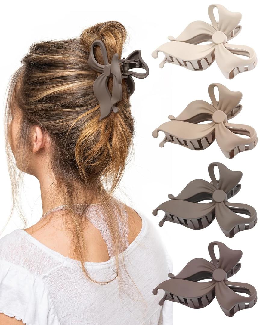 4 PCS Bow Hair Clips Bow Claw Clip for Women, Large Hair Claw Clips for Thin Thick Long Hair Cute Nonslip Bows (Dark khaki+light khaki+Dark Brown+Beige)