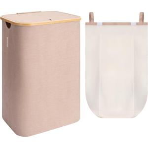 StorageWorks 100L Large Laundry Hamper with Lid, Tall Laundry Basket with Bamboo Handles and Removable Inner Bag, Collapsible Laundry Hamper for Clothing, Towels, Reddish Brown, 1-Pack