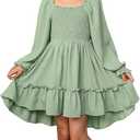 Blibean Girls Long Sleeve High-Low Hem Dress Fall Boho Ruffle Casual Tween & Teen, Wedding Guest, Christmas, Fall, Holiday, Formal, Party, Square Neck, Spring, Above Knee Midi A-Line, Size 10Y-11Y