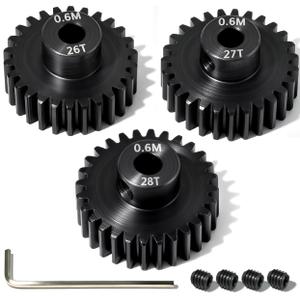 3Pcs 0.6M Hardened Steel Pinion Gear Set 3.175mm 26T 27T 28T Motor Pinion Gear with M4 Screw and Hex Key, Fit 3.175mm (1/8-Inch) Shaft, for Arrma HPI Kyosho Losi Axial Traxxas Tamiya 1/10 RC C