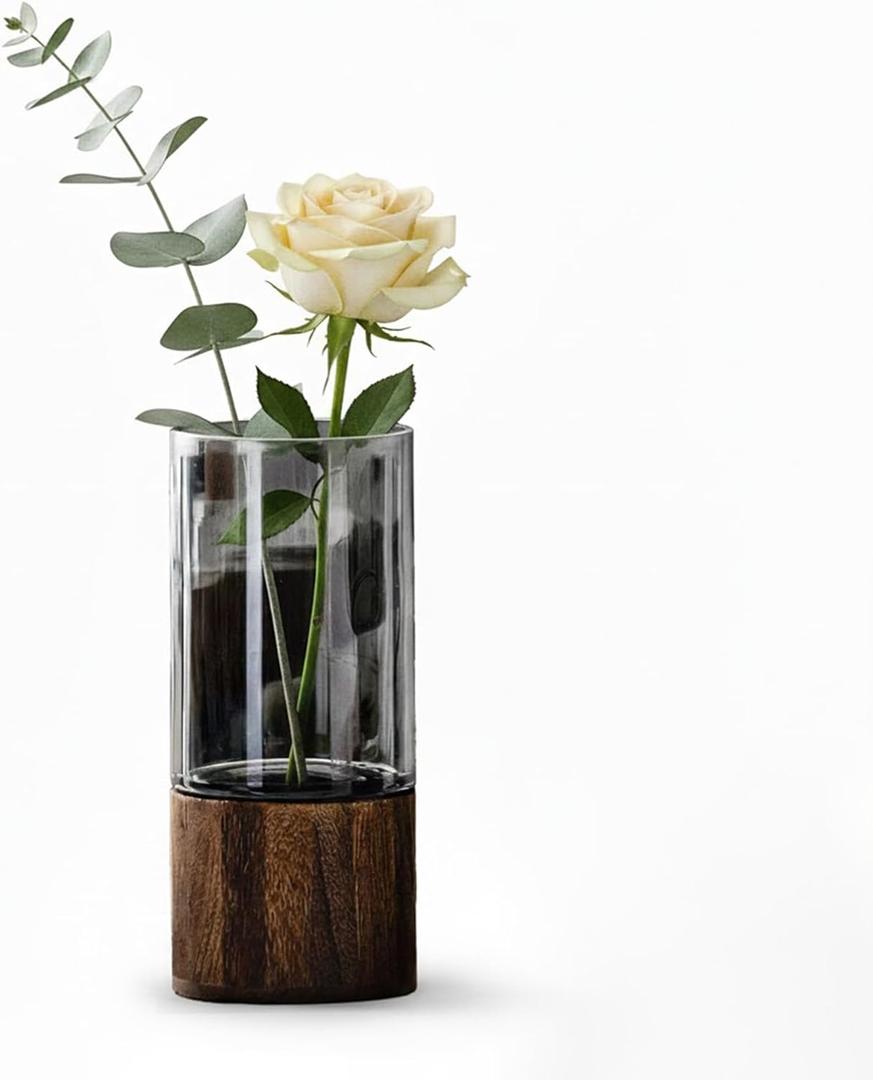 10" Tall Wood Glass Vase, Wooden Base Cylindrical Flower Vase, Classic Boho Rustic Style for Table, Fireplace, Kitchen, Bedroom, Living Room, Centerpieces Office Desk