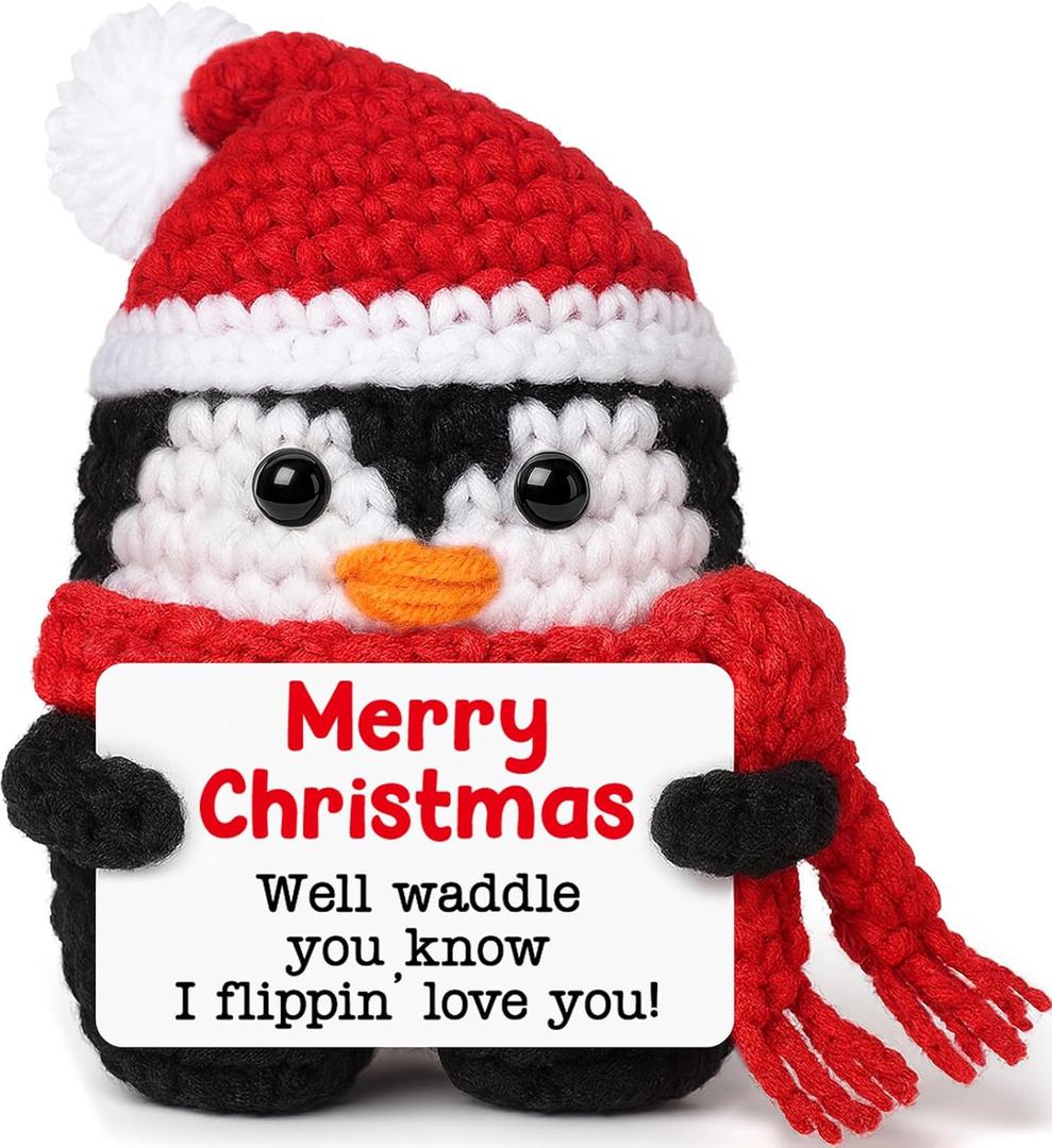 2 x Funny Christmas Positive Crochet Penguin, Christams Holiday Gifts for Women Men Wife Husband Mom Dad Daughter, Small Stocking Stuffers Gifts for Boyfriend Girlfriend Couples Teen, Emotional Cute Decor
