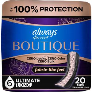 Always Discreet Boutique Adult Incontinence Bladder Leak Pads for Women, Ultimate Absorbency, Long Length, Up to 100% Bladder Leak Protection, 20 Count