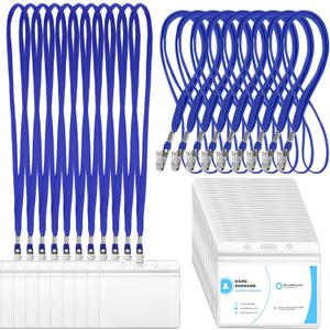 Marspark 100 Sets Clear Name Tags with Lanyard, Lanyards for ID Badges Reusable Strap with ID Holder Plastic Name Badges for Adults Business School Church Conference (Blue)