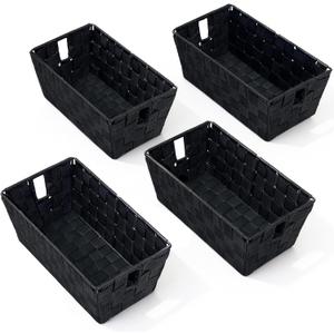 Black Storage Baskets for Shelves, Woven Shelf Baskets for Organizing, Small Strap Organizer Basket for Bathroom Storage, Set of 4