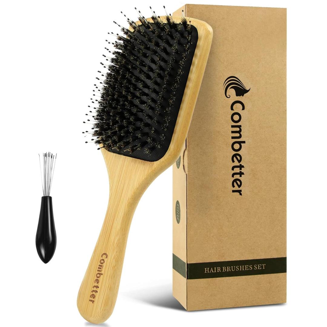 Boar Bristle Hair Brush& Natural Wooden Paddle Detangler HairBrush-Smoothing Shine Brush for Slick Back Styles, Ponytails & Buns - for Women/Men/Kids with Curly, Long, Fine or Dry Hair