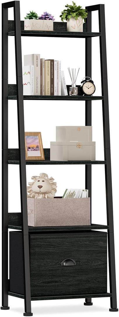 Furologee 5-Tier Ladder Shelf, Narrow Ladder Bookshelf with Drawer, 55.6Tall Industrial Bookcase Storage Rack Organizer, Freestanding Storage Shelve for Living Room, Home Office, Bedroom, Black Oak