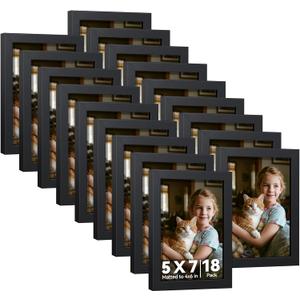 HappyHapi 5x7 Picture Frames Set of 18, Black Photo Frames, Display Pictures 5x7 without Mat or 4x6 with Mat, Wall Hanging Photo Frame or Tabletop Display