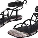 PiePieBuy Womens Lace up Square Toes Flat Sandals with Ankle Strap Summer Criss-Cross Gladiator Shoes Size 7 1/2