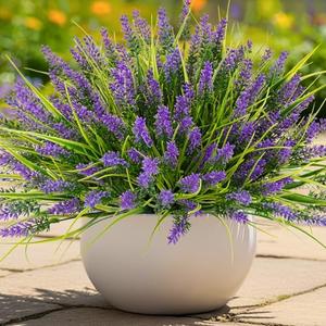 Artificial Plants for Outdoors, 10 Bundles Fake Monkey Grass with Purple Spring Flowers, Faux Plants Outdoor UV Resistant Realistic Greenery for Garden Window Patio Hanging Porch Home Decoration