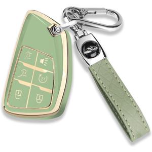 QBUC for Chevy Key Fob Cover with Keychain Soft TPU Protection Case Compatible with 2021-2026 Chevy Tahoe Suburban GMC Yukon Denali Silverado 6-Buttons(Gold Trim Green)