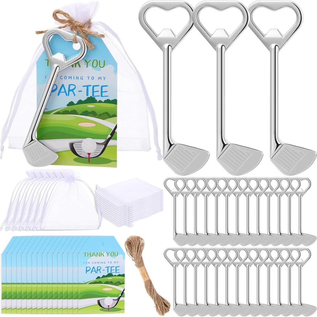 Vesici 18 Sets Golf Club Bottle Opener with Happy Organza Bags Thank You Cards Club Beer Bottle Opener Bulk Novelty Props Gifts for Men Women Golf Party Golfer Birthday
