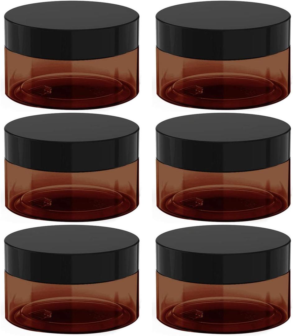 8 oz Amber Plastic Cosmetic Jars Leak Proof Container with Black Lid for Cream, Lotion, Powder, ointment, Beauty Products etc, 6 Pcs.