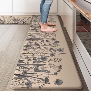 KIMODE Kitchen Anti Fatigue Mats, Farmhouse Kitchen Rugs Sets of 2, Memory Foam Kitchen Mats for Floor, Waterproof Standing Mat for Sink, Laundry, Office, Desk Brown/Gray 17"x59"+17"x29"