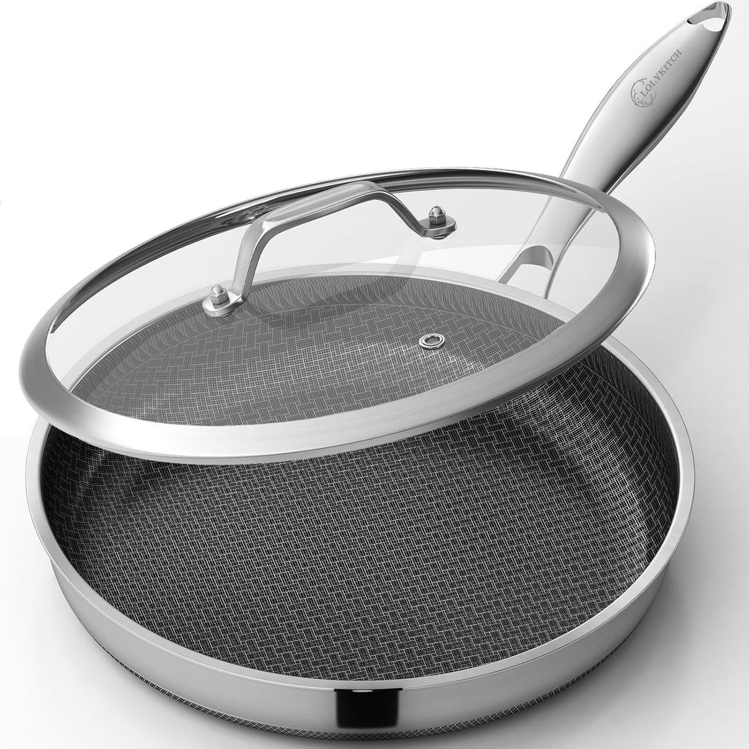 LOLYKITCH 12 In Nonstick Frying Pan Skillet with Lid, Ceramic Coating, Triply Stainless Steel, Induction Compatible, PFOAfree, Oven Safe to 600°F, Dishwashersafe, Detachable Handle
