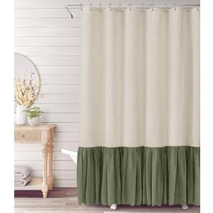 Awellife Farmhouse Shower Curtain Ruffle Linen Textured Boho Shower Curtain for Bathroom, Sage Green 72" W x 72" L