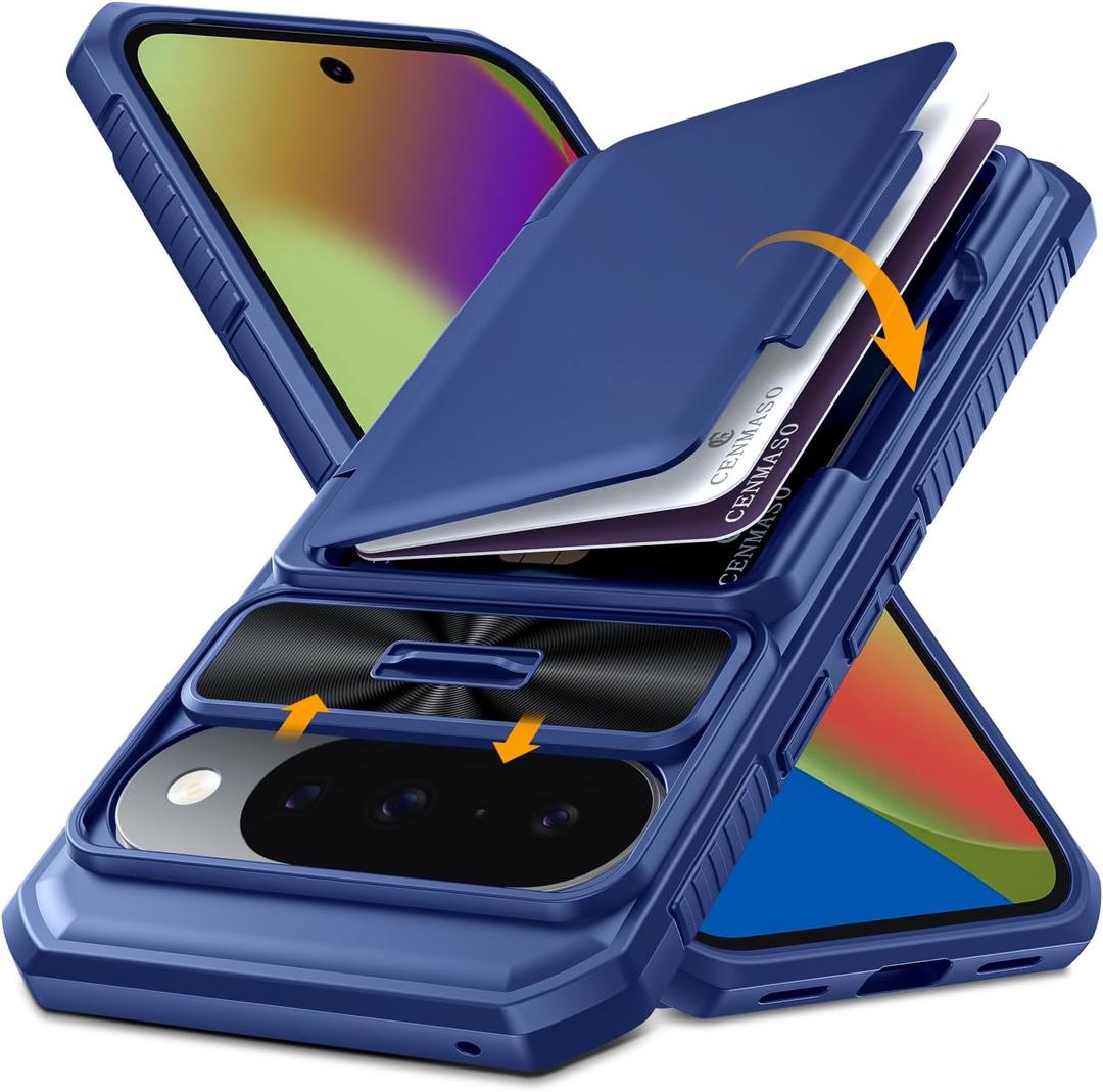 CENMASO for Google Pixel 10 Pro Case/Pixel 10 Case with Card HolderRFID Blocking& Sliding Camera Cover & Kickstand Full-Body Shockproof Wallet Phone Case for Pixel 10/10 Pro (Blue)