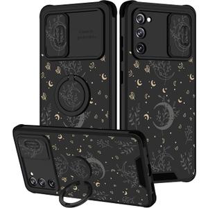 Goocrux (2in1 for Samsung Galaxy S20 FE 5G Case Moon Plants for Women Girls Cute Phone Cover Flower Heart Stars Space Design with Slide Camera Cover+Ring Holder Fashion Black Cases for S20FE 6.5''
