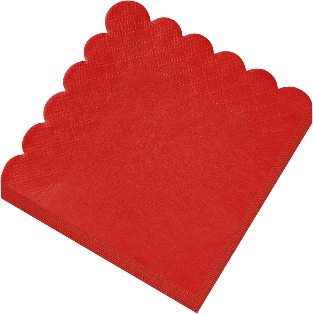 120 Pcs Red Scalloped Cocktail Napkins, 2-Ply Red Disposable Beverage Party Napkins for Dinner Wedding Birthday Baby Shower