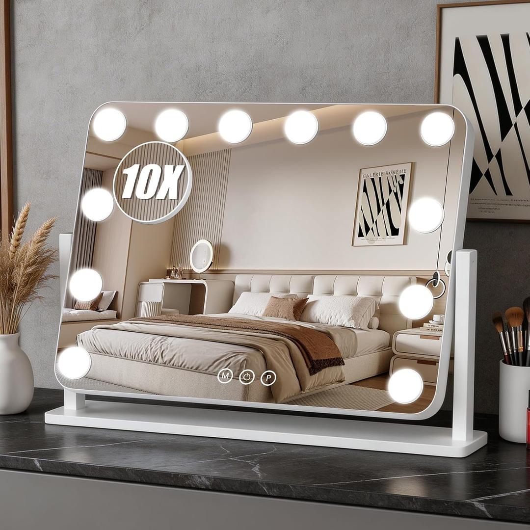 Vanity Mirror with Lights, 18"×14" Hollywood Makeup Mirror with 12 Dimmable Bulbs, 3-Color Lighting, Dimmable, 360° Rotation, 10x Magnification, Desk Mirror, Bedroom (White)