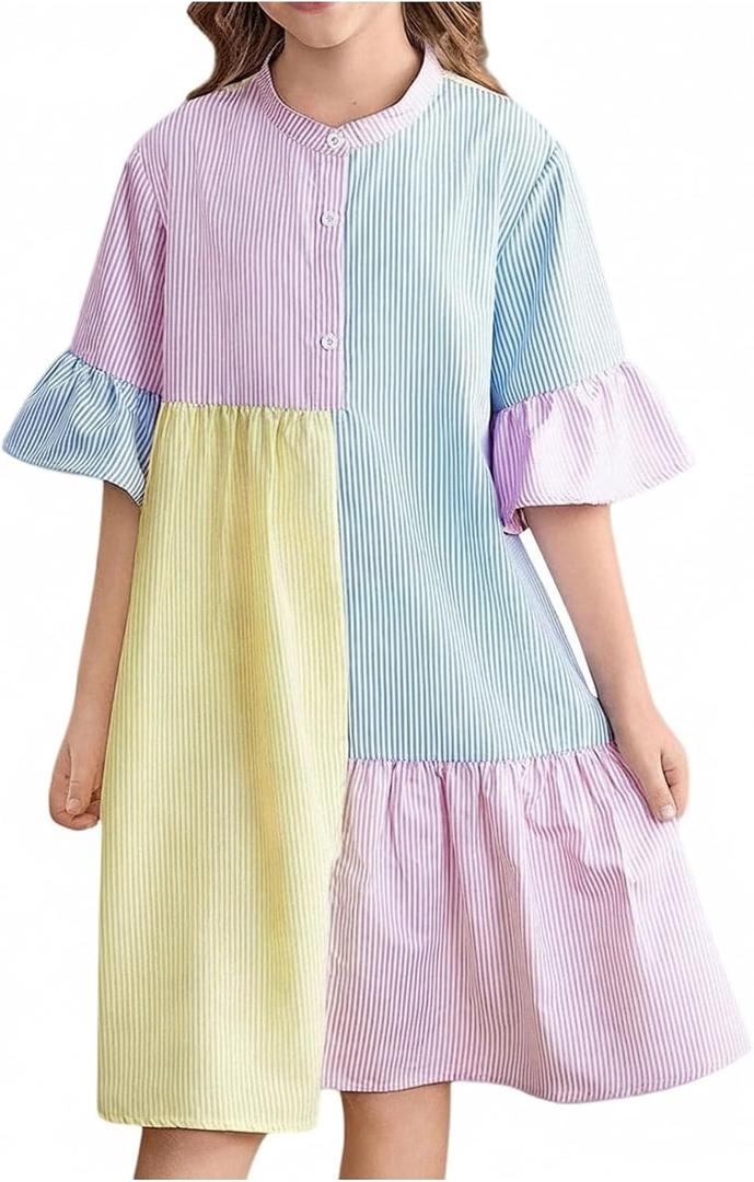 OYOANGLE Girl's Striped Button Up Ruffle Dress Half Sleeve Color Block Flared Long Dress