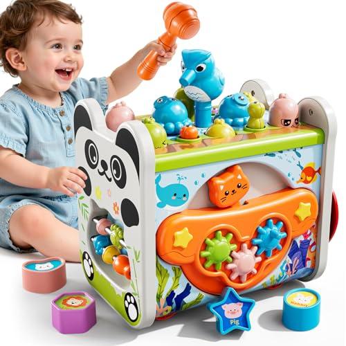 XINNOVEL 6-in-1 Montessori Toys for 3 Year Old, Hammering Pounding Toy with Xylophone, Number Maze, Spinning Gear, Shape Sorting, Spinning Fun, Birthday Gifts for Boys Girls 2+ Year Old