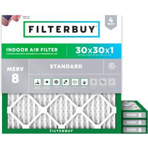 Filterbuy 30x30x1 Air Filter MERV 8 Dust & Allergy Defense (4-Pack)