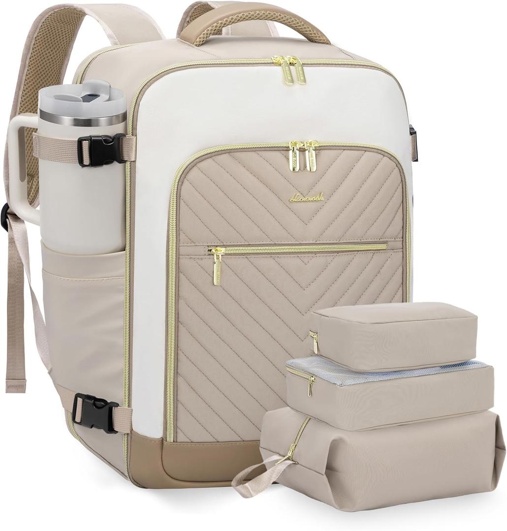 LOVEVOOK Large Travel Backpack for Women, TSA Carry on Backpack for Airplanes, 40L Personal Item Travel Bag for Women fits 17" Laptop,Waterproof Carry on Bag Airplane Approved with 3 Packing Cubes (Khaki - Beige - Abricot)