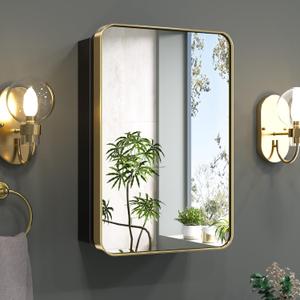 Keonjinn Gold Bathroom Medicine Cabinet with Mirror 16 x 24 Inch, Small Brushed Brass Medicine Cabinet, Stainless Steel Framed, Adjustable Shelves, Rounded Rectangular, Recessed or Surface Mount