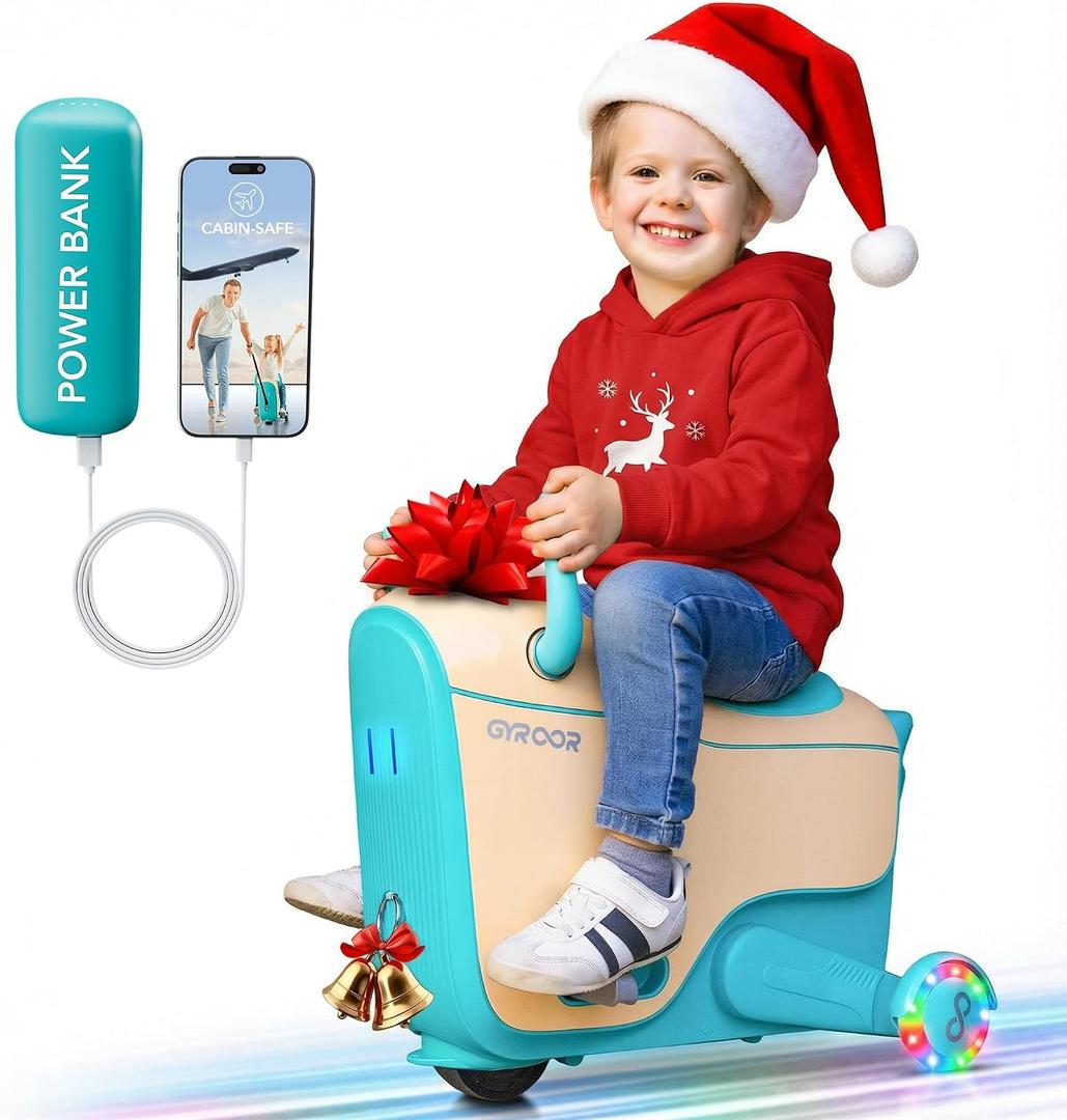 Gyroor Kids Electric Ride On Car Toy for Ages 4-8, 2-in-1 Airplane Travel Suitcase with Storage, 3 Speed Modes, Flashing LED Wheels, Rechargeable Battery for Indoor and Outdoor Play, 22 inches x 11.8 inches x 17.7 inches