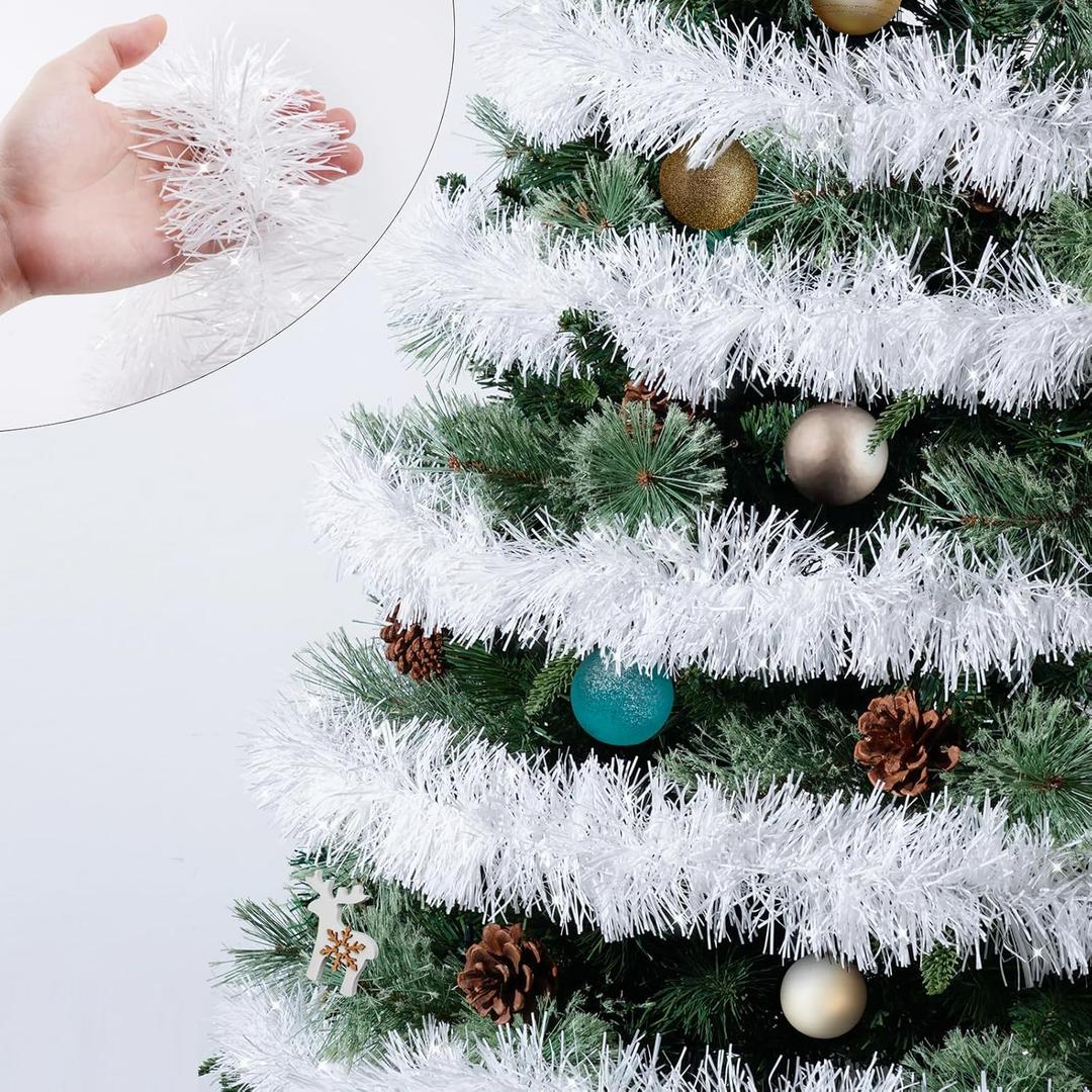 50 Ft White Tinsel Garlands Christmas Tree Decorations, Thick Thin Metallic Streamers Xmas Christmas Tinsel Garland Christmas Tree Garland, Garland for Indoor&Outdoor Decor (White)