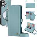 for Wallet Case Compatible with iPhone 17,Multi-Function Detachable 2 in 1 Magnetic iPhone 17 Case Wallet,Flip Strap Zipper Card Holder Phone Case with Shoulder Straps (Blue)