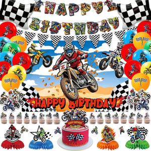 94PCS Dirt Bike Birthday Party Decorations Dirtbike Motocross Party Supplies Includes Banner Backdrop Balloons Cake & Cupcake Toppers Stickers Centerpieces