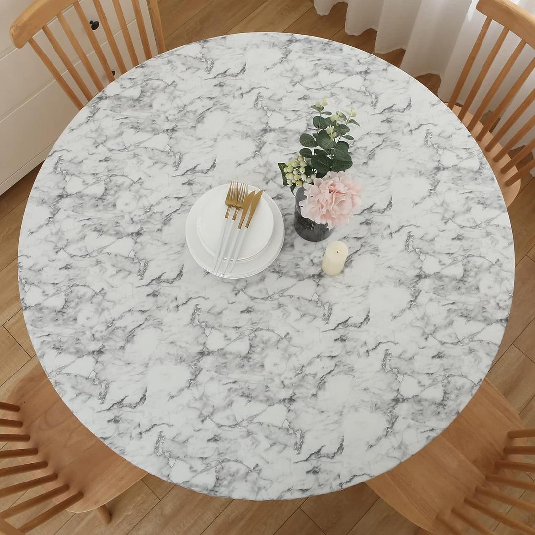 Pioggia Round Vinyl Fitted Tablecloth with Flannel Backing Elastic Table Cloth Waterproof Oil-Proof Plastic Table Cover Best for 37"-44" Round (Marbling)