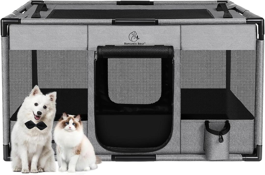 Dog Playpen,Fabric Fence, Portable Soft Cat Kennel Crate,Breathable Exercise Puppy Pen,PVC Pipe Frame,Indoor Outdoor Cage for Large  Animals with Carrying Case (Grey)