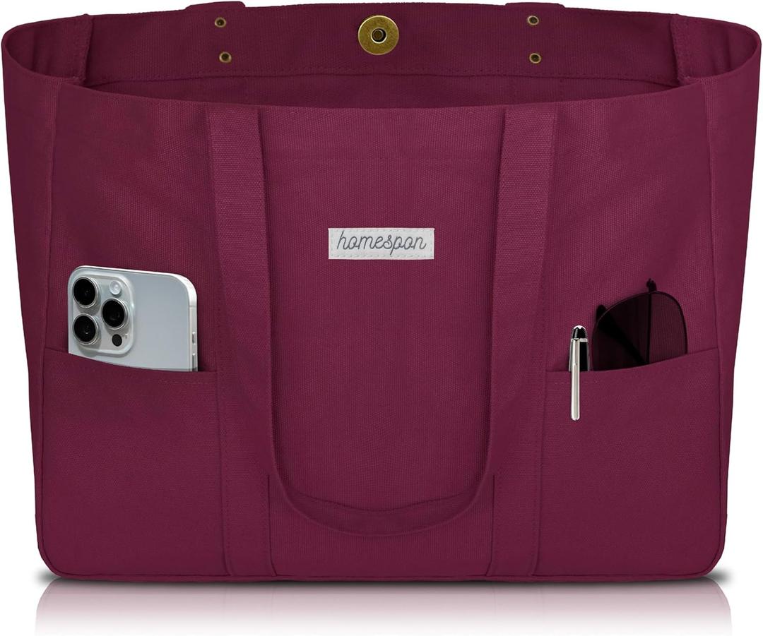 HOMESPON Large Canvas Tote Bag for Women Everything Bag with Pockets and Laptop Sleeve (Maroon)