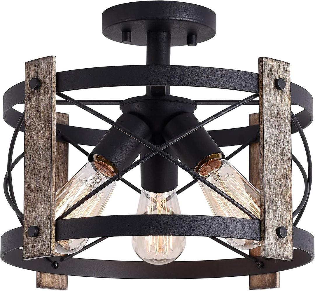 Bargeni Flush Mount Light Fixture,13-inch Rustic Ceiling Light Fixture,Matte Black Finish,3-Light Farmhouse Light Fixtures for Living Room,Kitchen,Bedroom,Dining Room,Foyer,Hallway
