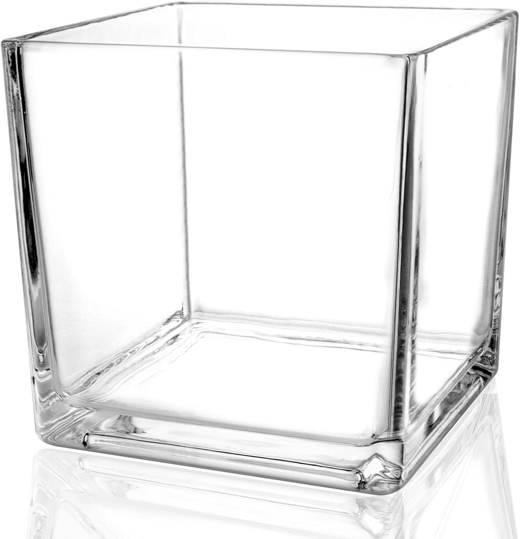1 Pack Square Glass Vase 5" x 5" x 5", Clear Flower Vase for Centerpieces, Candle Holder for Wedding Party Events, Home Dcor