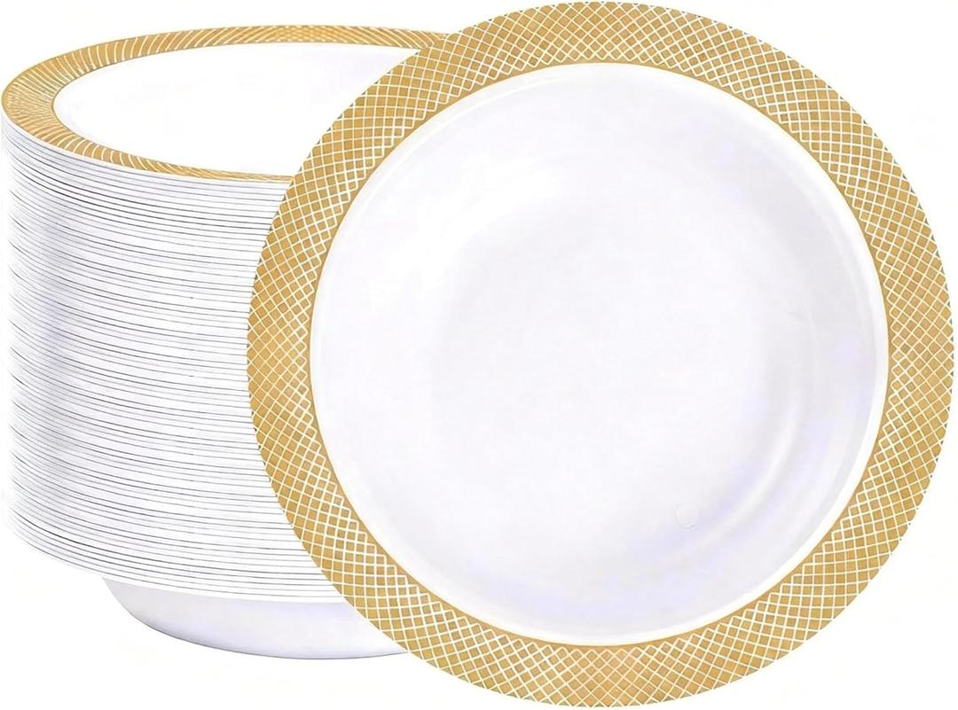 I00000 100 Gold Plastic Bowls, 12 oz White Disposable Bowls, Fancy Plastic Salad Bowl, Premium Heavy Duty Disposable Soup Bowl for Parties, Weddings, Dinners, Catering, Picnics