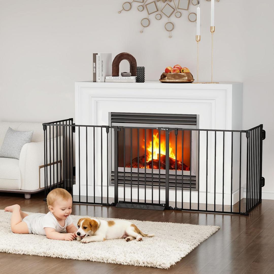 127.5" Extra Wide Baby Gate for Fireplace Christmas Tree, Configurable 5 Metal Panels Baby Fence, Child Gate for Wide Openings with Anti-Trip Pedal, Long Kid Gate for Dog Pet, 28'' Tall Black