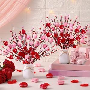 Nitial 2 Pcs Valentine's Day Decorations Valentines Picks Vase Berry Picks Branches Artificial Red Pink Hearts Flower Berry Stem for Wedding Valentine Vase Gifts Party Anniversary Table Home Decor
