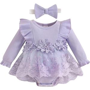 Baby Girl Romper Dress Baby Dress Romper Lace Flowers Infant Fall Winter Festival Clothes with Headband 9-12 M