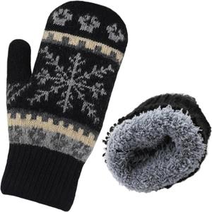 Winter Warm Mittens for Women Men - Soft-Double Layer-Snowflake Cold Weather Stretch Thick Lining Knitted Gloves (Medium, Black)